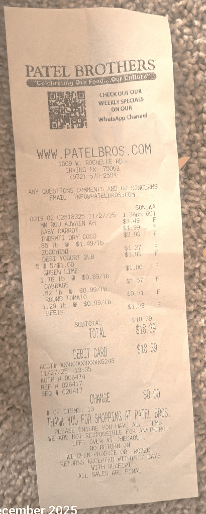 Example of an itemized receipt from a grocery store showing line items