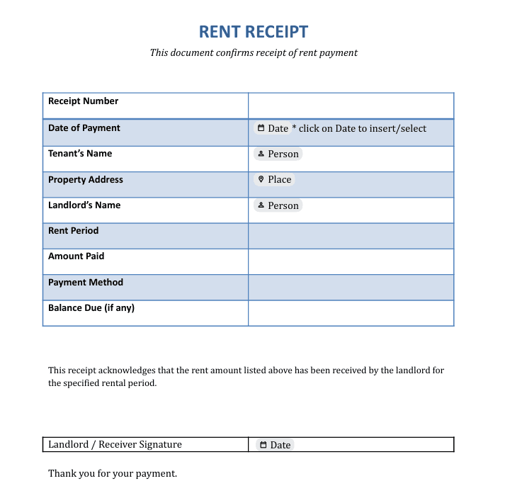 Smart rent receipt template preview