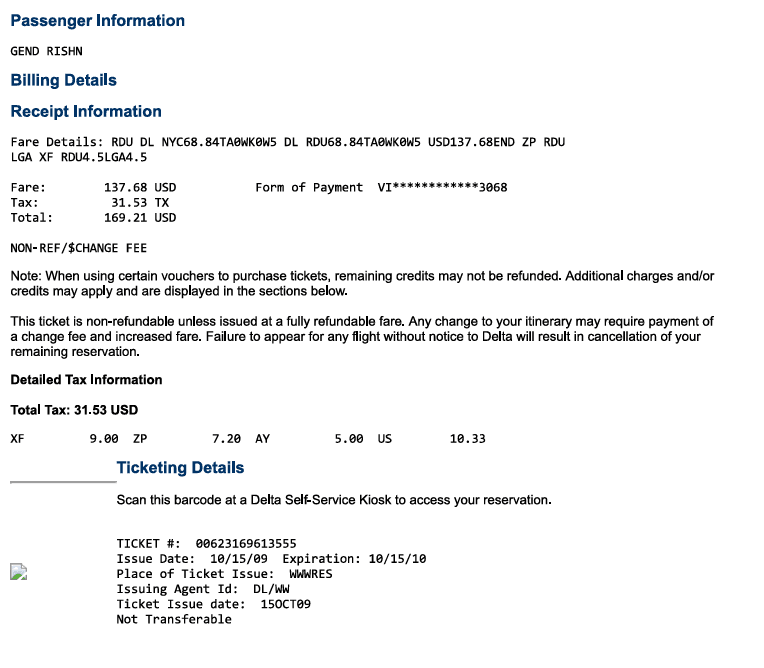 Delta Air Lines e-receipt example showing passenger information, fare details, taxes, and ticket number - How to get a receipt from Delta Airlines