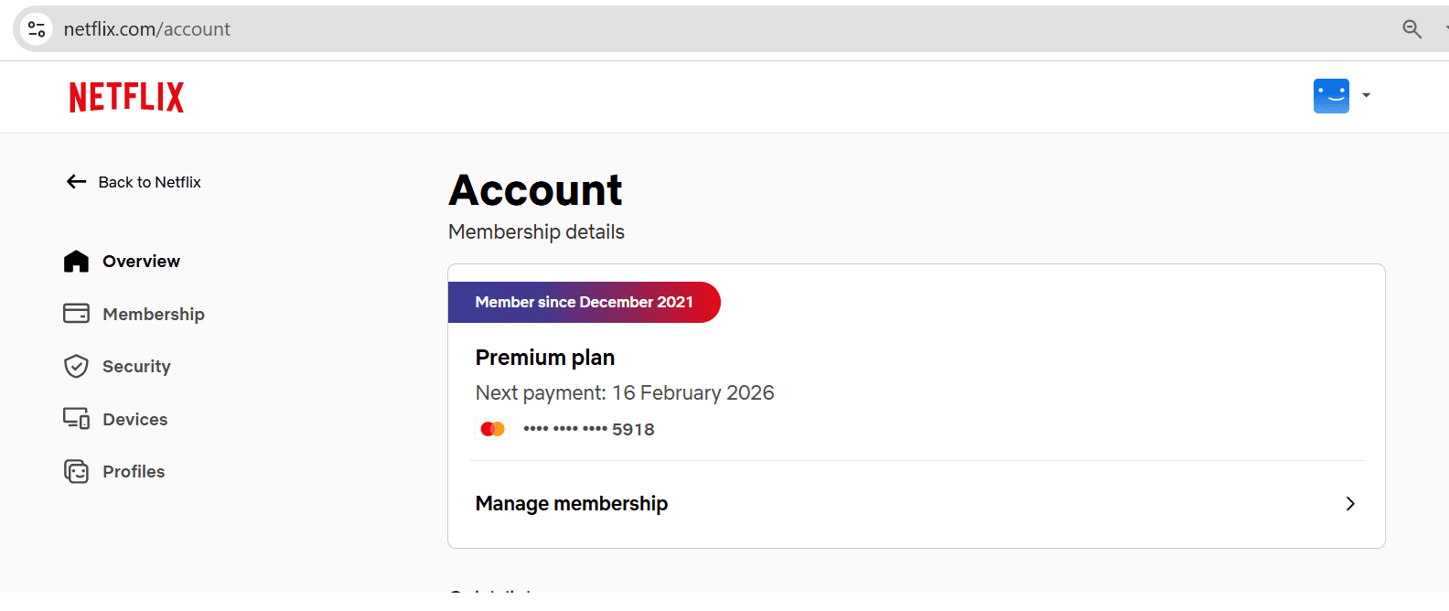 Netflix Account overview page showing membership details and payment information - How to find Netflix receipt
