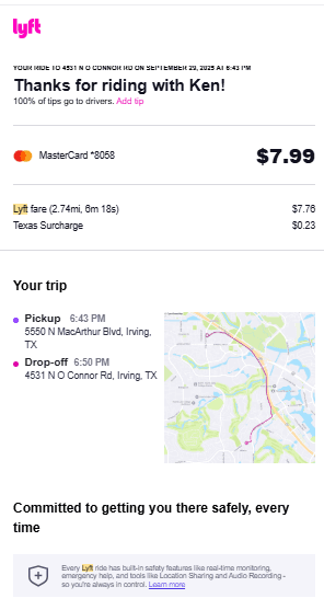 Lyft receipt mobile app example showing ride summary, payment details, fare breakdown, and trip map