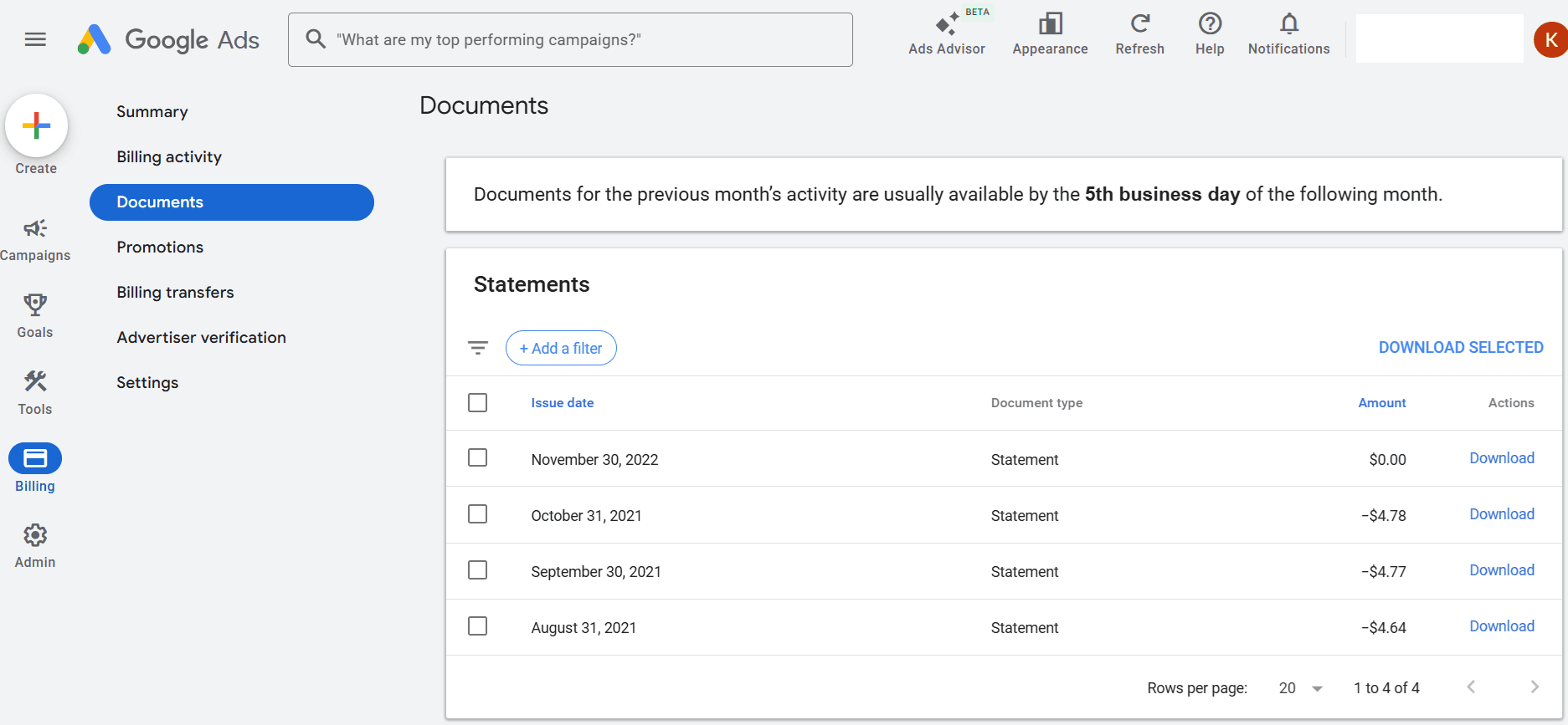 Google Ads Billing Documents page showing issue date, document type, amount, and download option