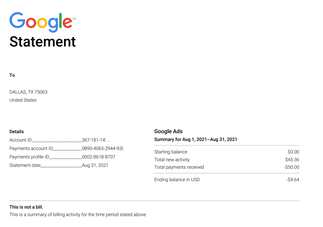 Google Ads Statement example showing account ID, billing period, and summary