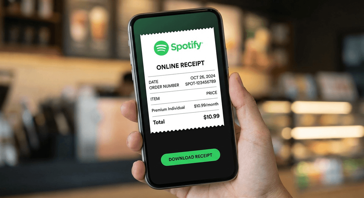 Spotify Premium receipt displayed on mobile phone showing subscription payment details