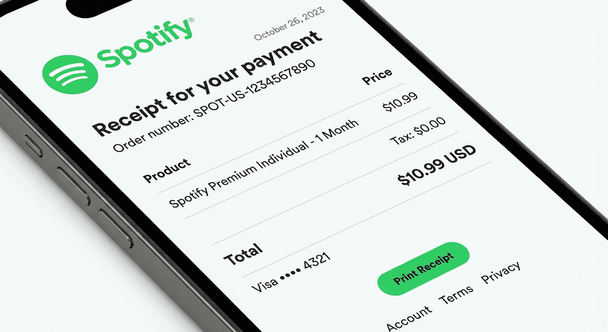 Close-up view of Spotify Premium Individual receipt on iPhone showing order number, product details, price, tax, and payment method