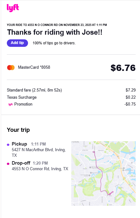 Lyft ride receipt summary showing ride details, fare breakdown, and trip information